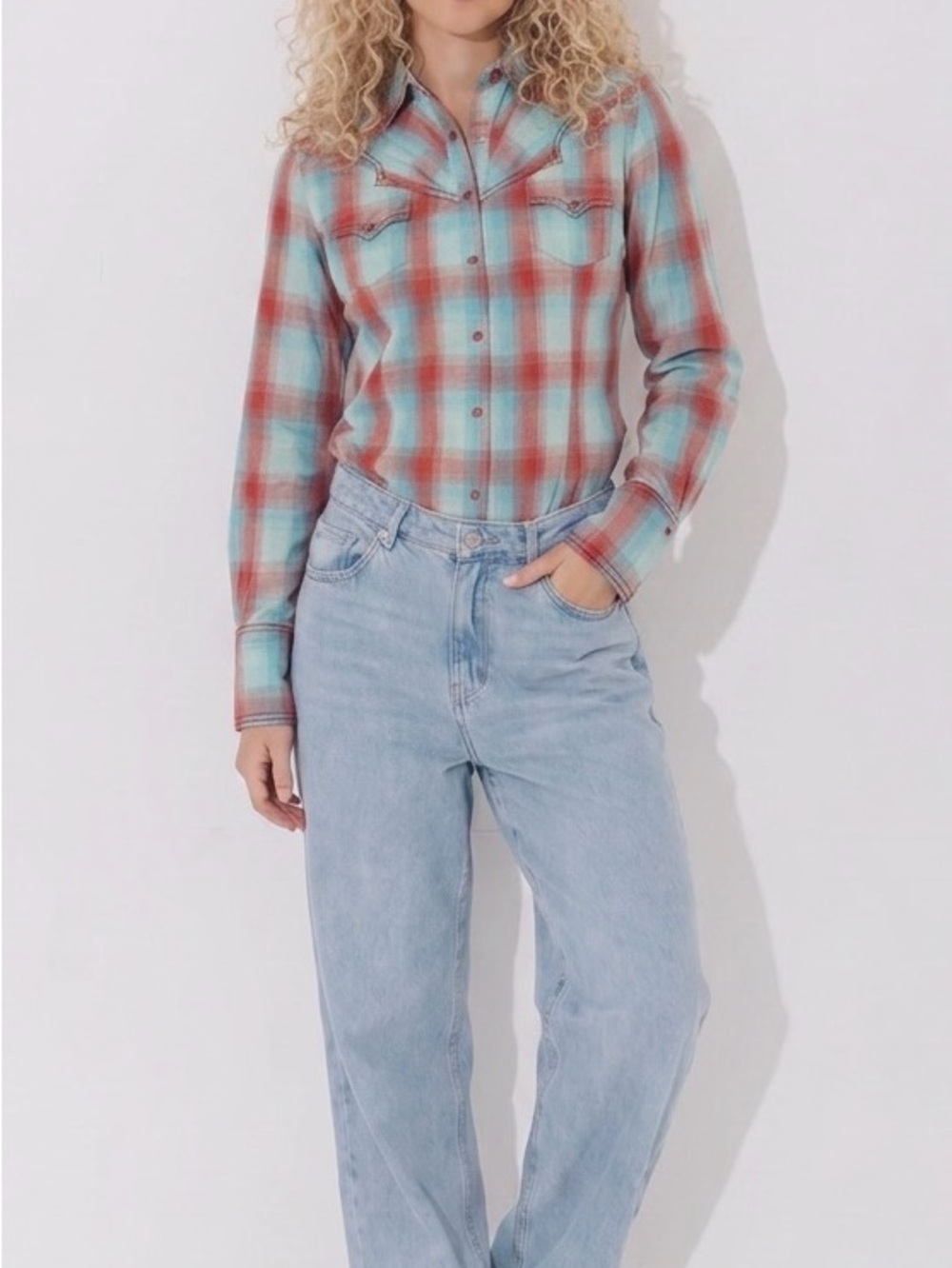 Panhandle Slim Aqua and Red Plaid Button-Down Western Shirt